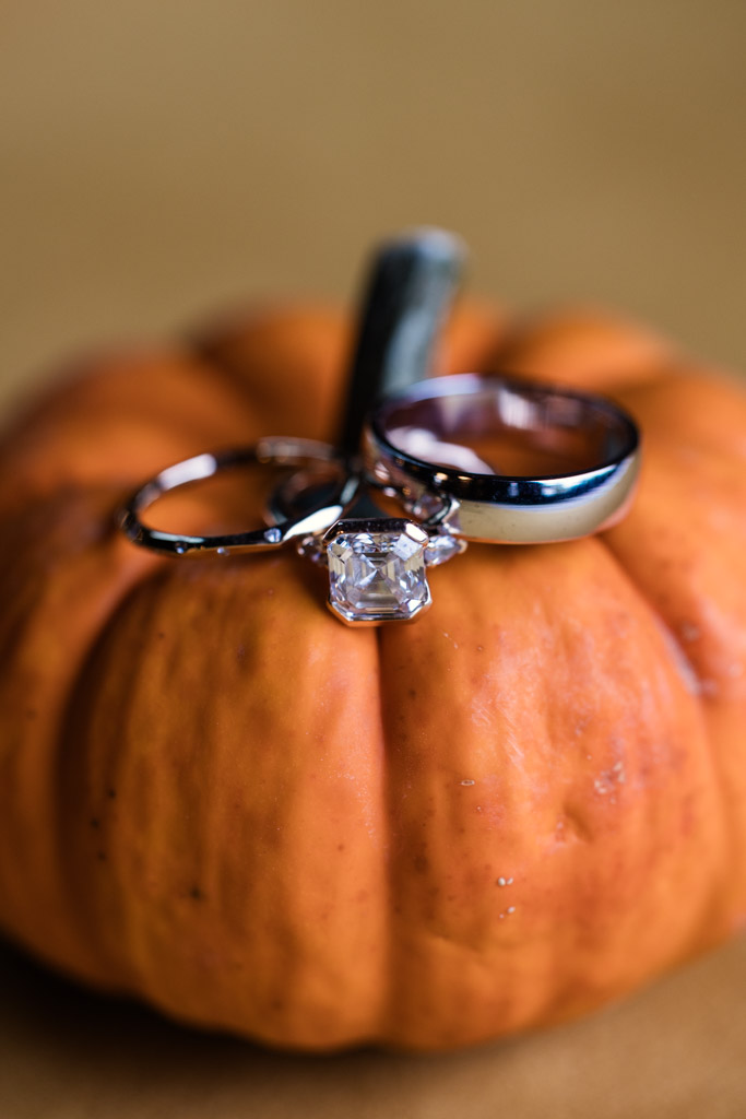 Three rings, including a diamond engagement ring, rest on top of a small orange pumpkin for autumn Cafe Brauer wedding