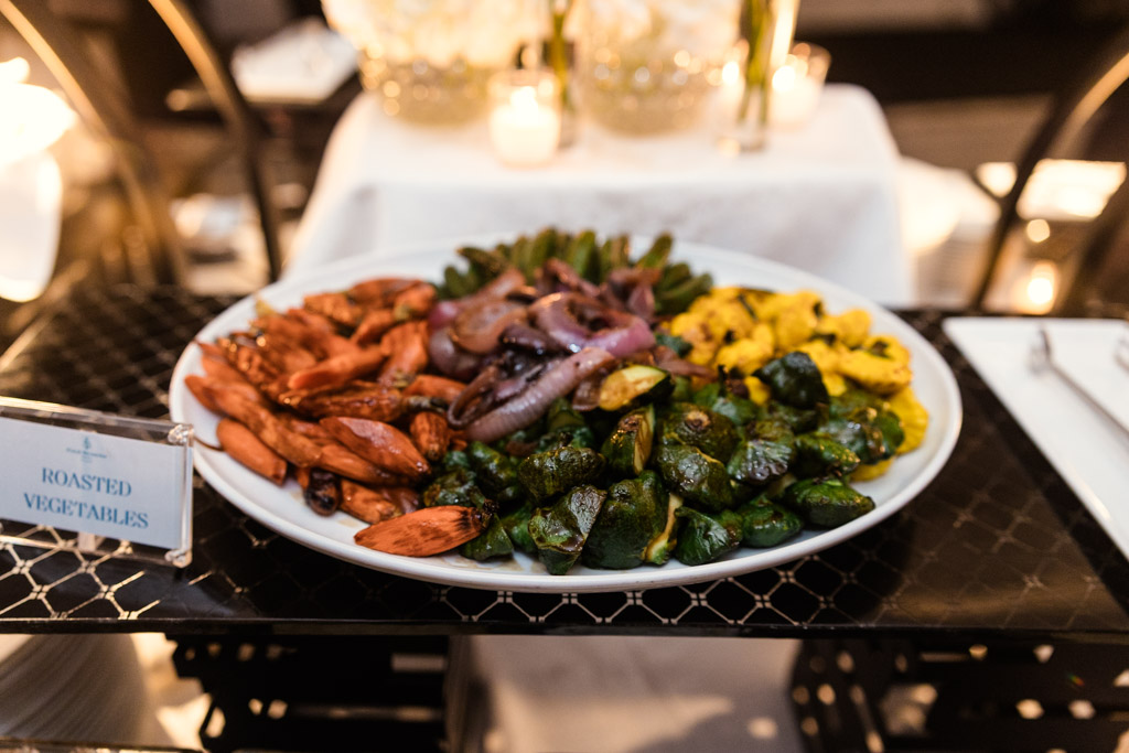 A plate of assorted roasted vegetables, for wedding reception at The Four Seasons Chicago