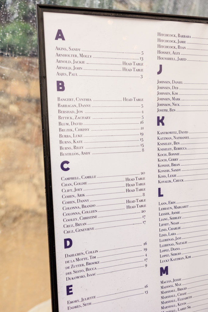 A printed wedding seating chart list of guest names, organized alphabetically by last name and displayed under glass for Terra Mia Vineyard wedding reception