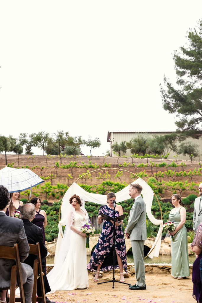 Outdoor wedding ceremony at Terra Mia Vineyardwith a bride, groom, officiant, and wedding party in front of a draped arch