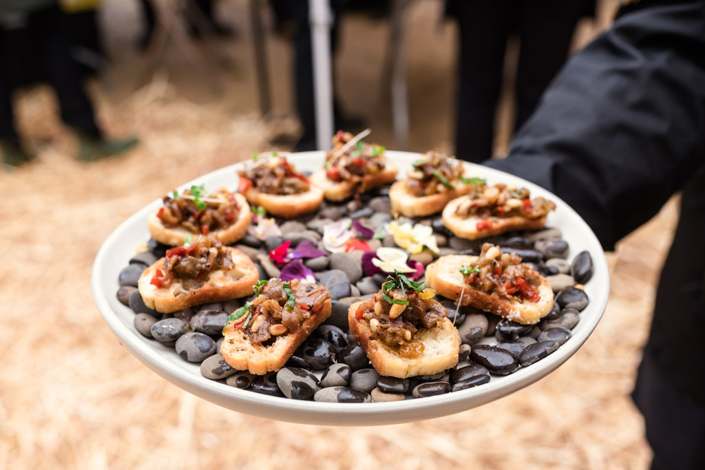 A plate of crostini appetizers topped with vegetable relish, served on black stones and garnished with herbs for wedding reception at Terra Mia Vineyard