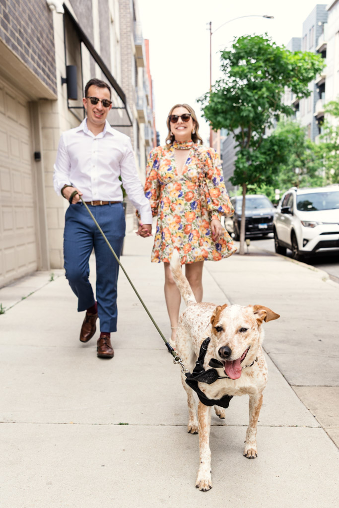 Happy engaged couple enjoys a sunny city stroll with their happy dog on a leash during their summer engagement session