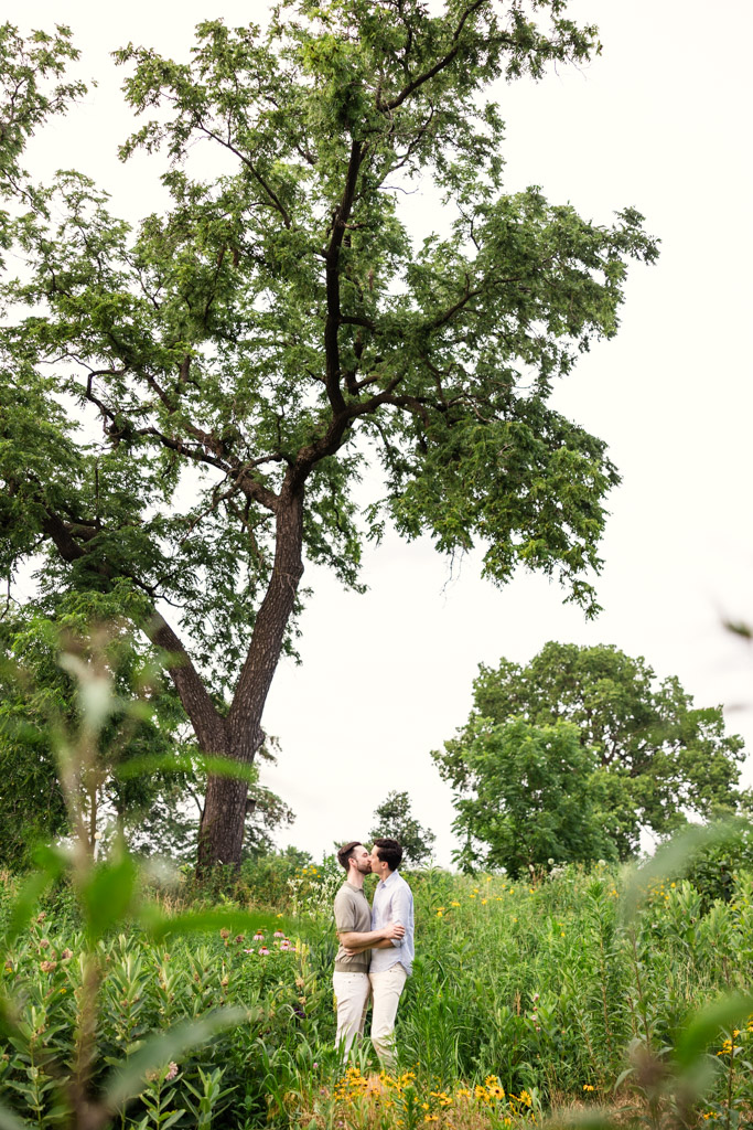 Two people kiss in a green field under a large tree in Lincoln Park surrounded by wildflowers and plants, during their Chicago lakefront engagement session