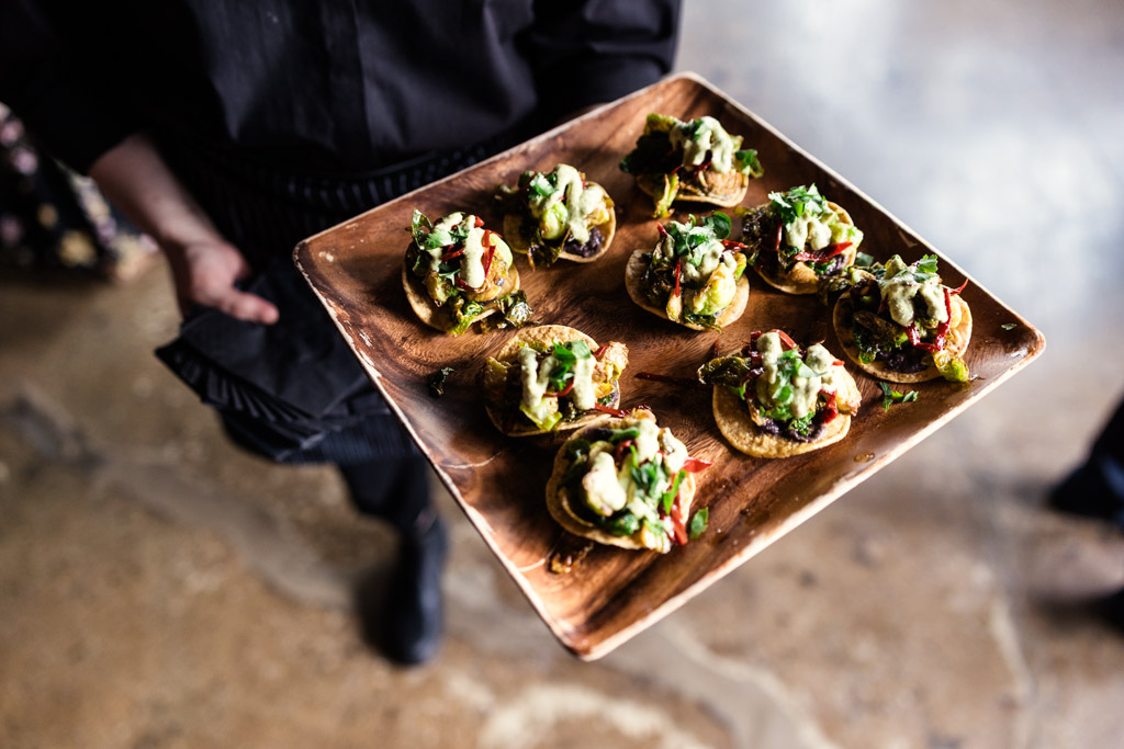Tray of appetizers for wedding reception at River Room at Burning Bush Brewery