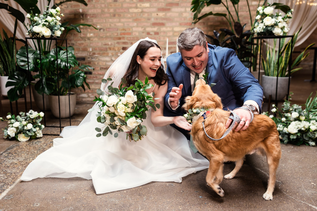 Bride and groom smile and play with their dog surrounded by white flowers during their wedding celebration at The Arbory
