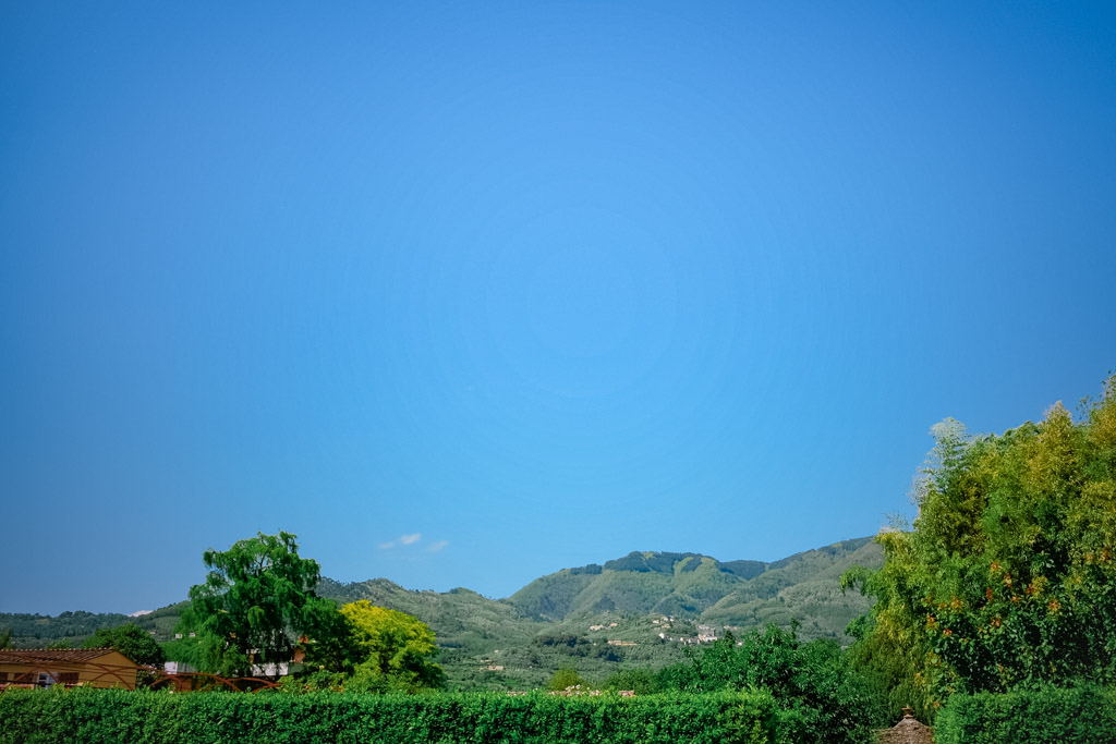 Green hills with scattered trees and houses under a clear blue sky, framed by greenery in the foreground near Villa Moscheni in Tuscany, Italy