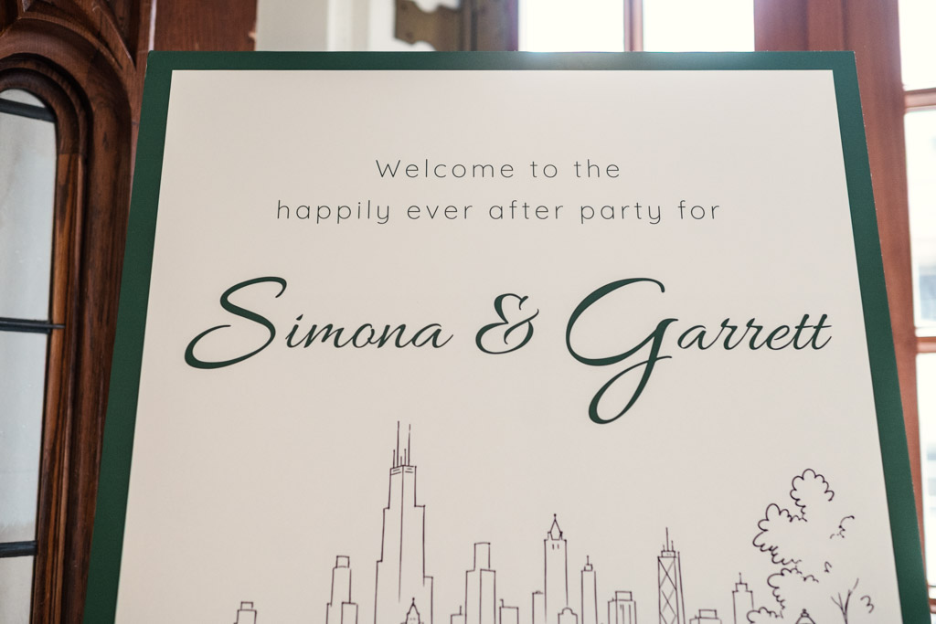 Welcome sign for wedding celebration at the University Club of Chicago