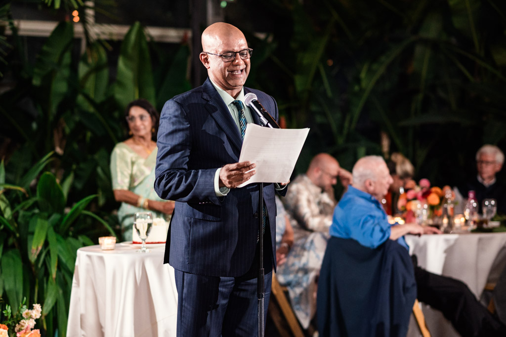 Bride's father gives speech during Indian wedding reception at Garfield Park Conservatory